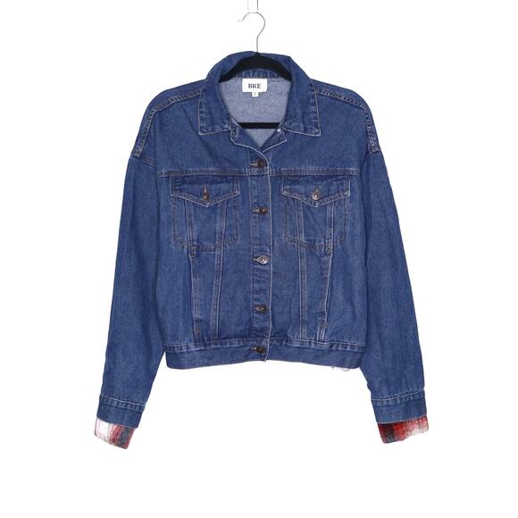 BKE Brushed Wool Blend Plaid Denim Jacket Red Oversized Casual Women's M - Picture 1 of 14